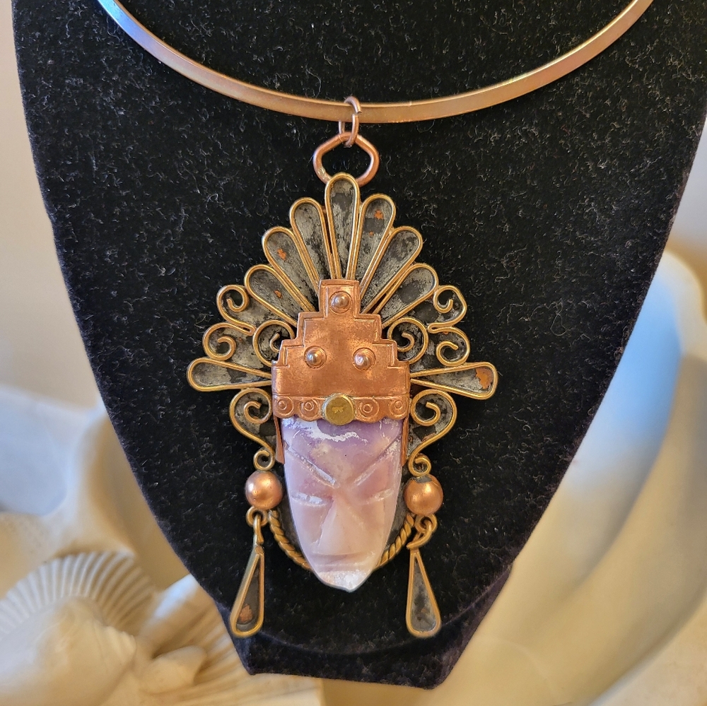 Elegant Mexican Aztec Mixed Metal Pendant Necklace
